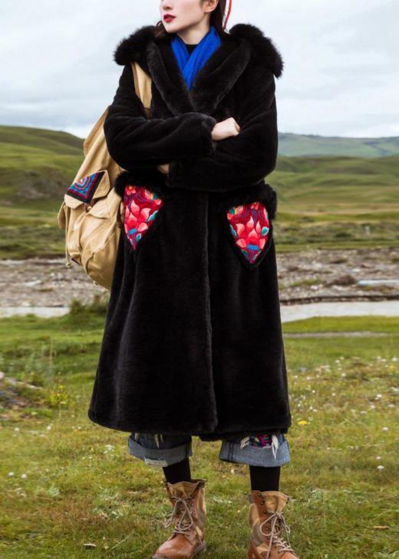 Vêtements À Capuche Avec Broderie Fine Pour Femmes Vestes Amples Noires - Manteaux d'hiver femmes