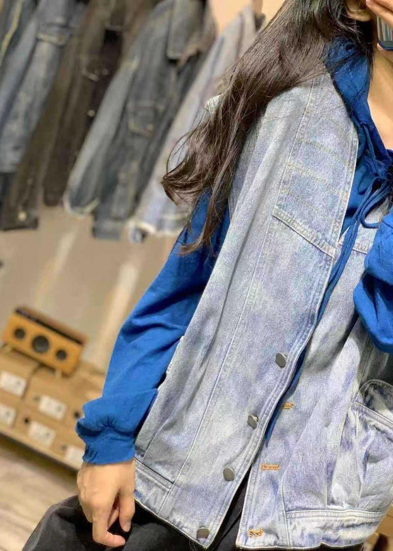 Vêtements En Coton Naturel Sans Manches Pour Femmes Chemises Denim Bleu Col En V Automne - Bleu