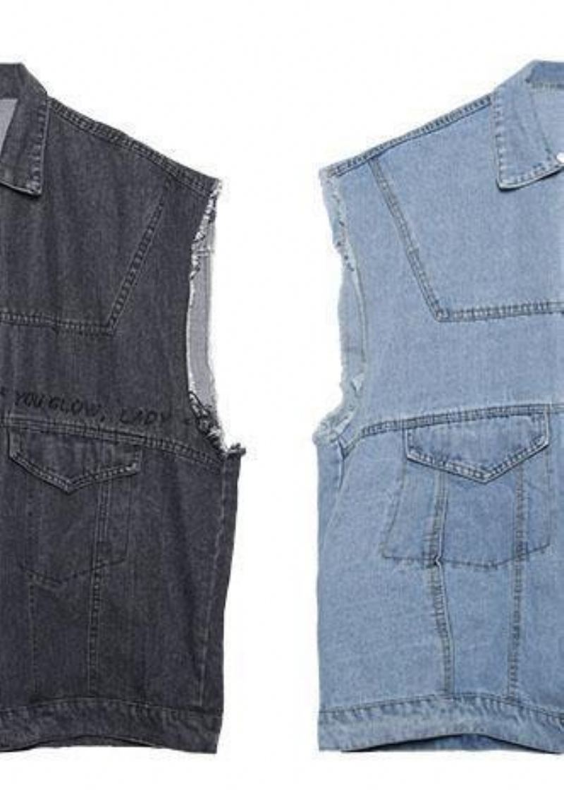 Vêtements En Coton Noir Naturel Pour Femmes Chemisier En Denim Ample À Manches Courtes Automne - Bleu