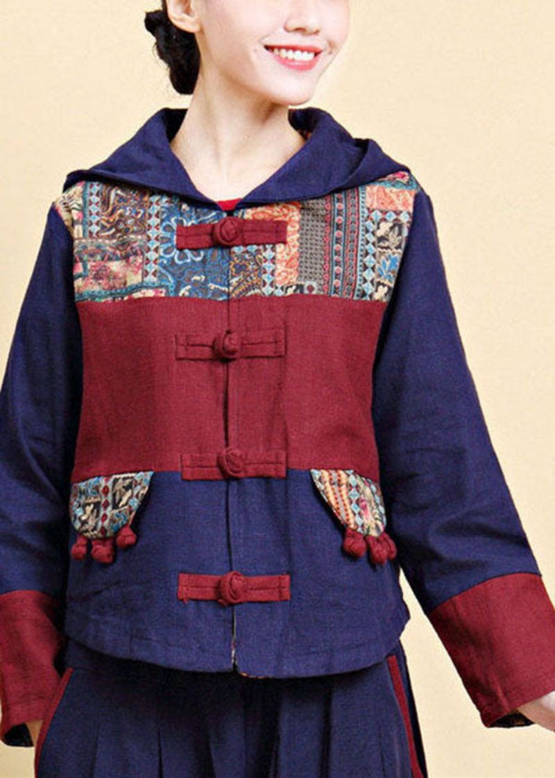 Vintage Bleu À Capuchon Patchwork Bouton Oriental Veste En Lin Automne