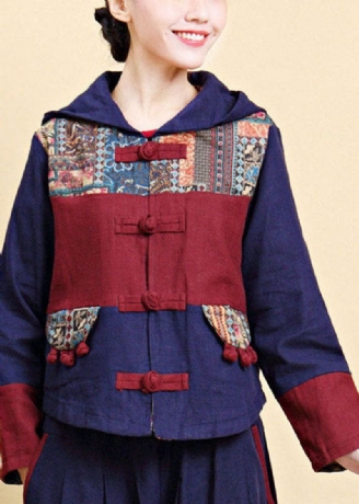 Vintage Bleu À Capuchon Patchwork Bouton Oriental Veste En Lin Automne