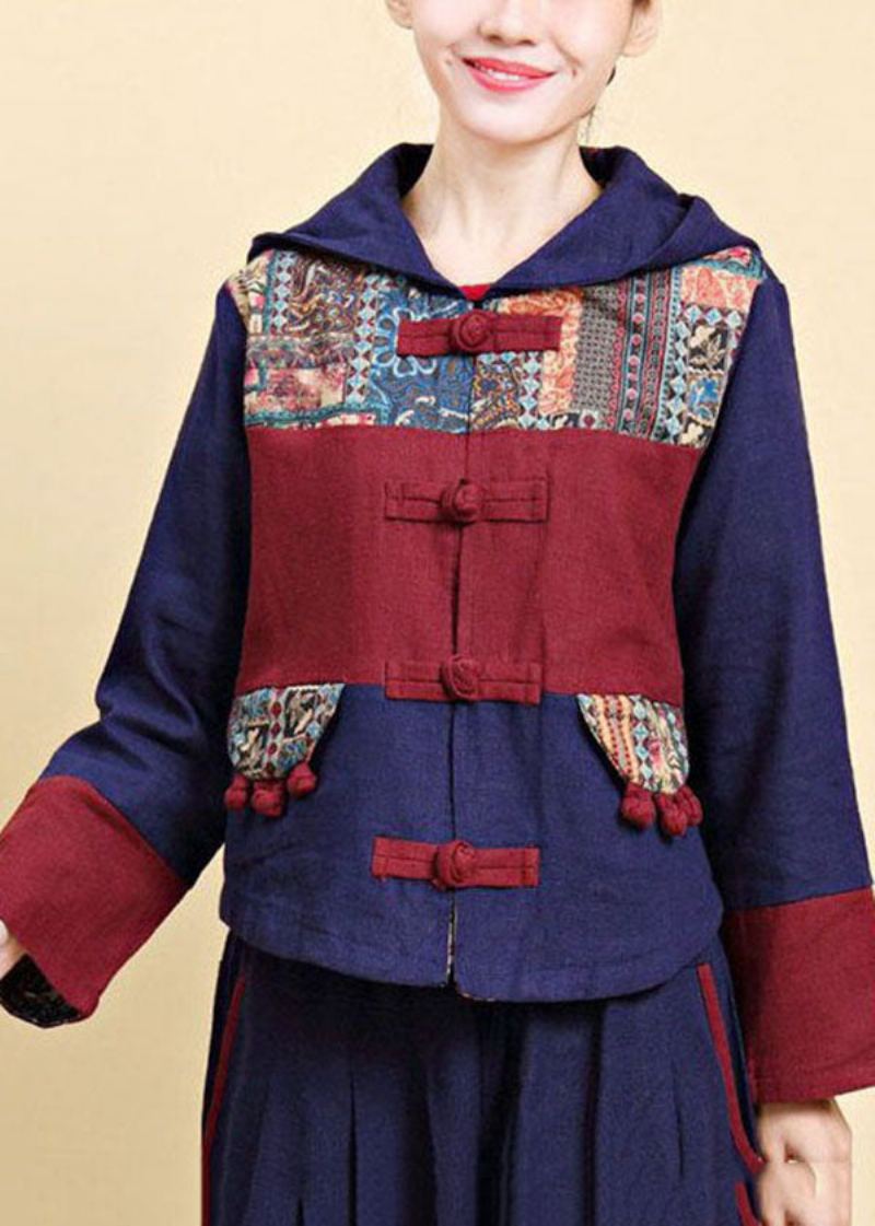 Vintage Bleu À Capuchon Patchwork Bouton Oriental Veste En Lin Automne - Manteaux d'hiver femmes