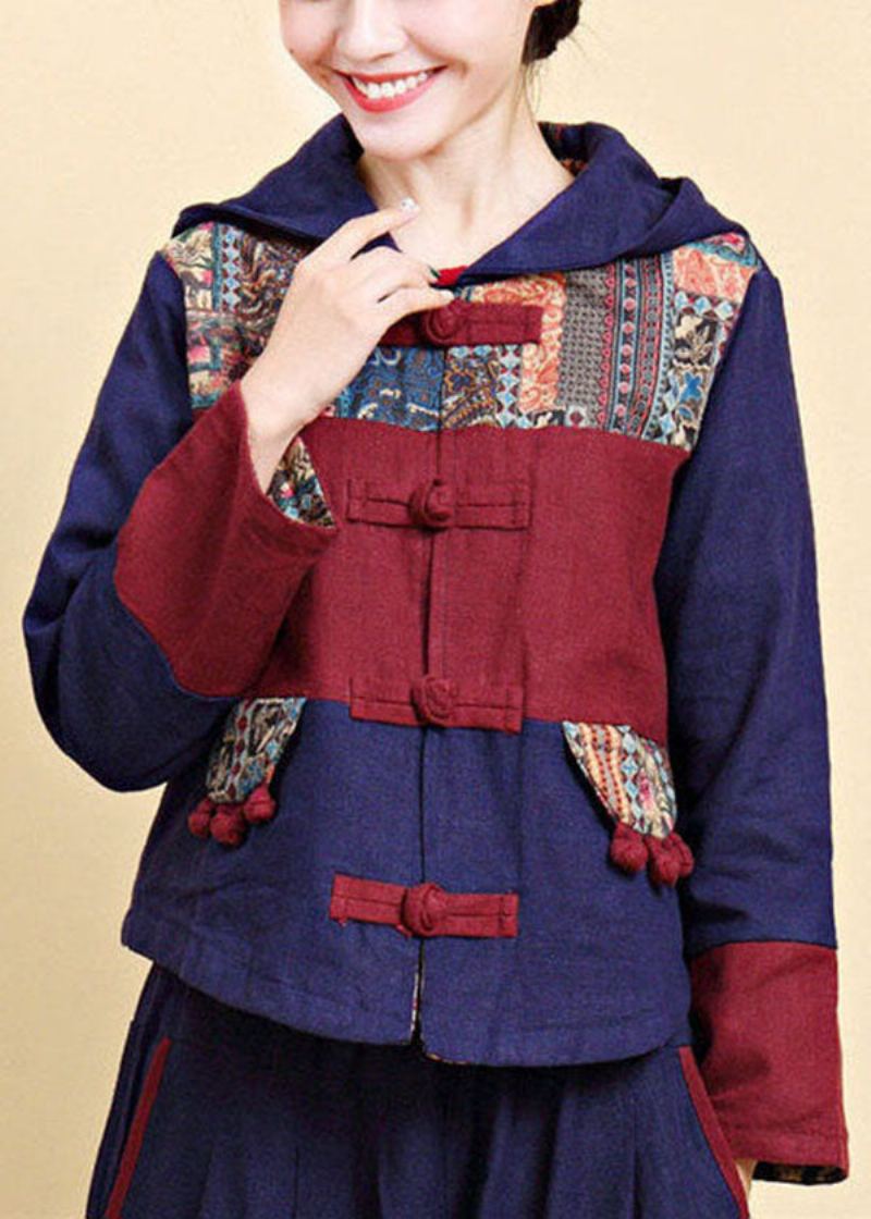 Vintage Bleu À Capuchon Patchwork Bouton Oriental Veste En Lin Automne - Manteaux d'hiver femmes