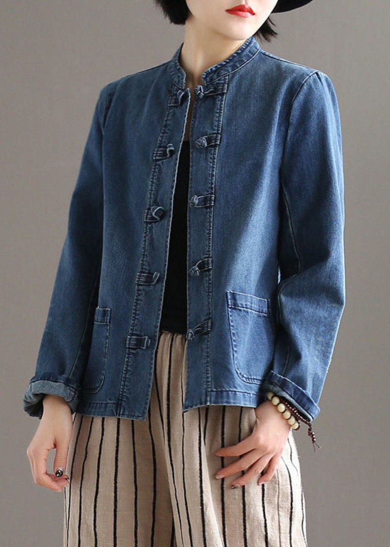 Vintage Bleu Col Montant Patchwork Bouton Poches Coton Denim Manteau À Manches Longues - Manteaux d'hiver femmes