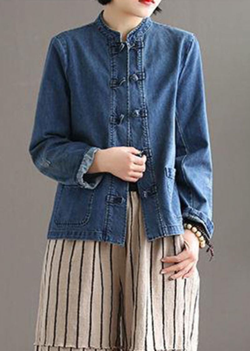 Vintage Bleu Col Montant Patchwork Bouton Poches Coton Denim Manteau À Manches Longues - Manteaux d'hiver femmes