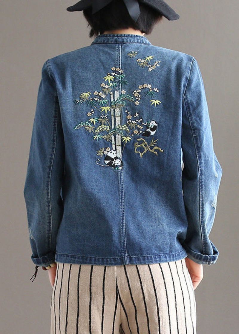 Vintage Bleu Col Montant Patchwork Bouton Poches Coton Denim Manteau À Manches Longues - Manteaux d'hiver femmes