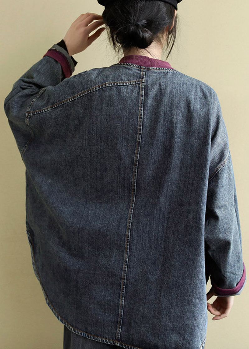 Vintage Bleu Col Rond Patchwork Bas Haute Conception Coton Denim Manteaux Printemps - Manteaux d'hiver femmes