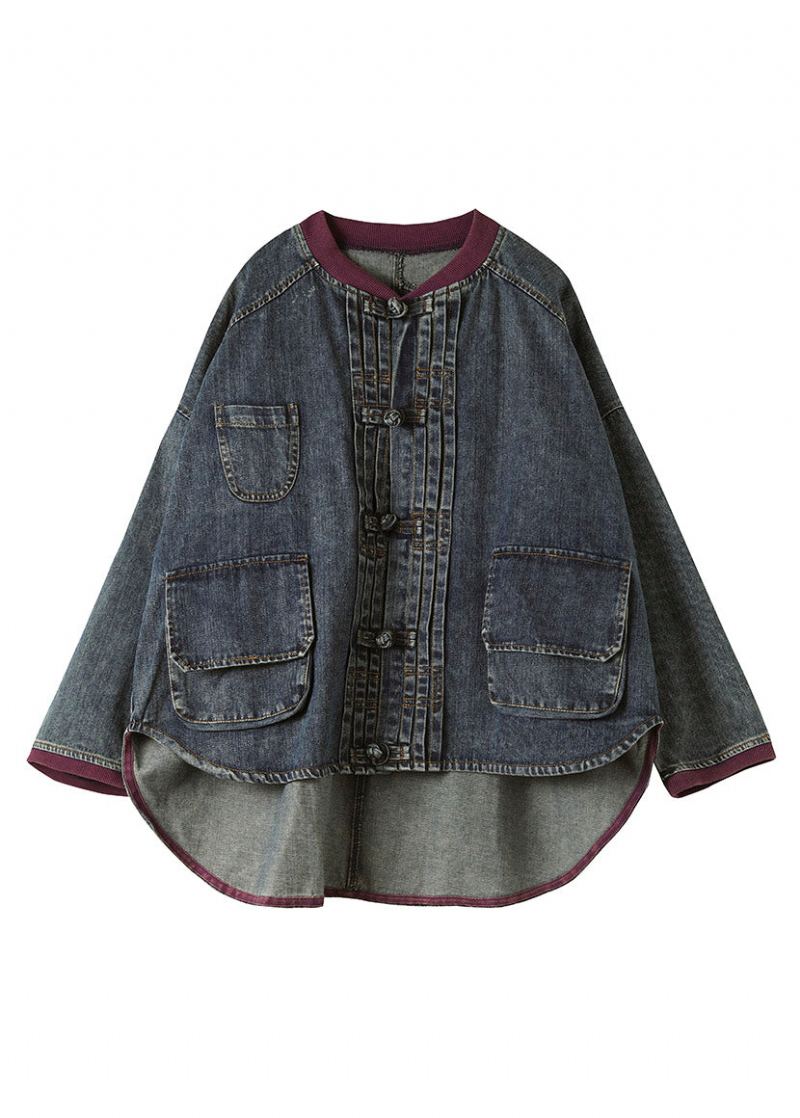 Vintage Bleu Col Rond Patchwork Bas Haute Conception Coton Denim Manteaux Printemps - Manteaux d'hiver femmes