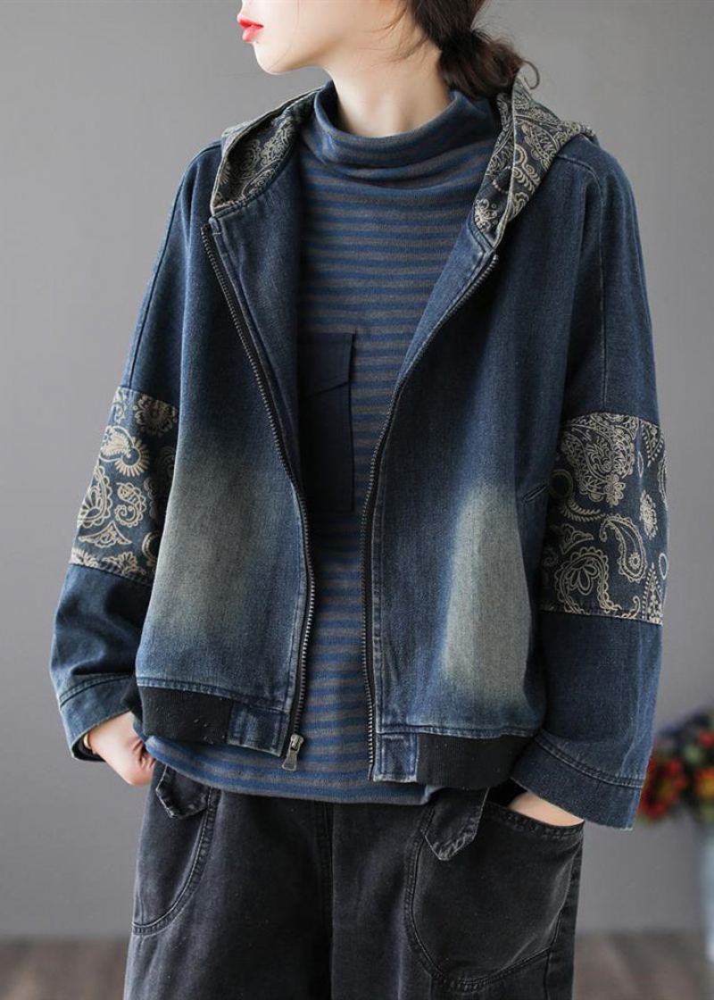 Vintage Bleu Col En V Imprimé Patchwork Zippé Coton Denim Manteau À Manches Longues