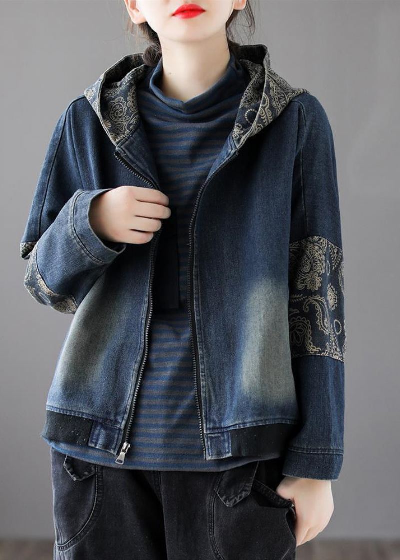 Vintage Bleu Col En V Imprimé Patchwork Zippé Coton Denim Manteau À Manches Longues - Manteaux d'hiver femmes