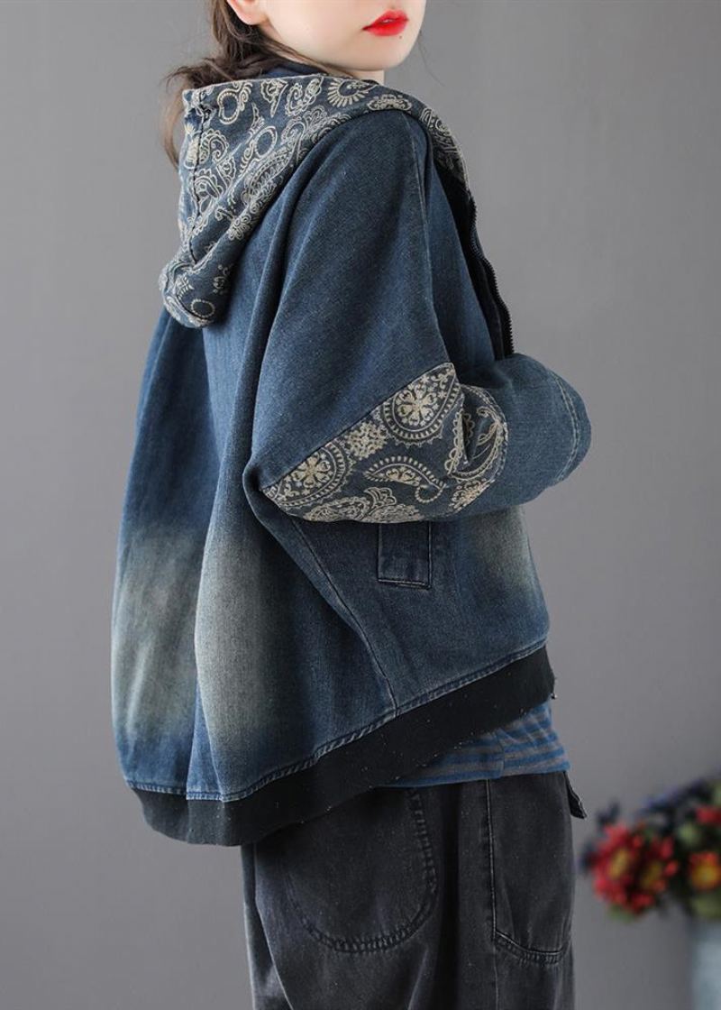 Vintage Bleu Col En V Imprimé Patchwork Zippé Coton Denim Manteau À Manches Longues - Manteaux d'hiver femmes