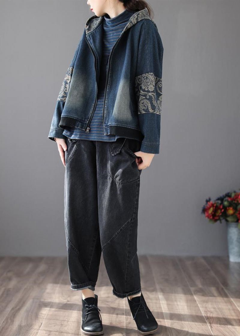 Vintage Bleu Col En V Imprimé Patchwork Zippé Coton Denim Manteau À Manches Longues - Manteaux d'hiver femmes