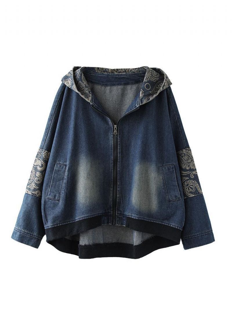 Vintage Bleu Col En V Imprimé Patchwork Zippé Coton Denim Manteau À Manches Longues - Manteaux d'hiver femmes