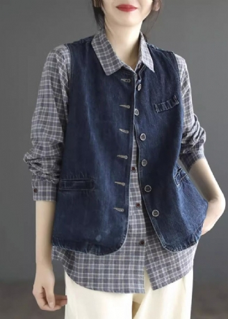 Vintage Bleu Foncé Col Rond Poches Denim Gilet Sans Manches