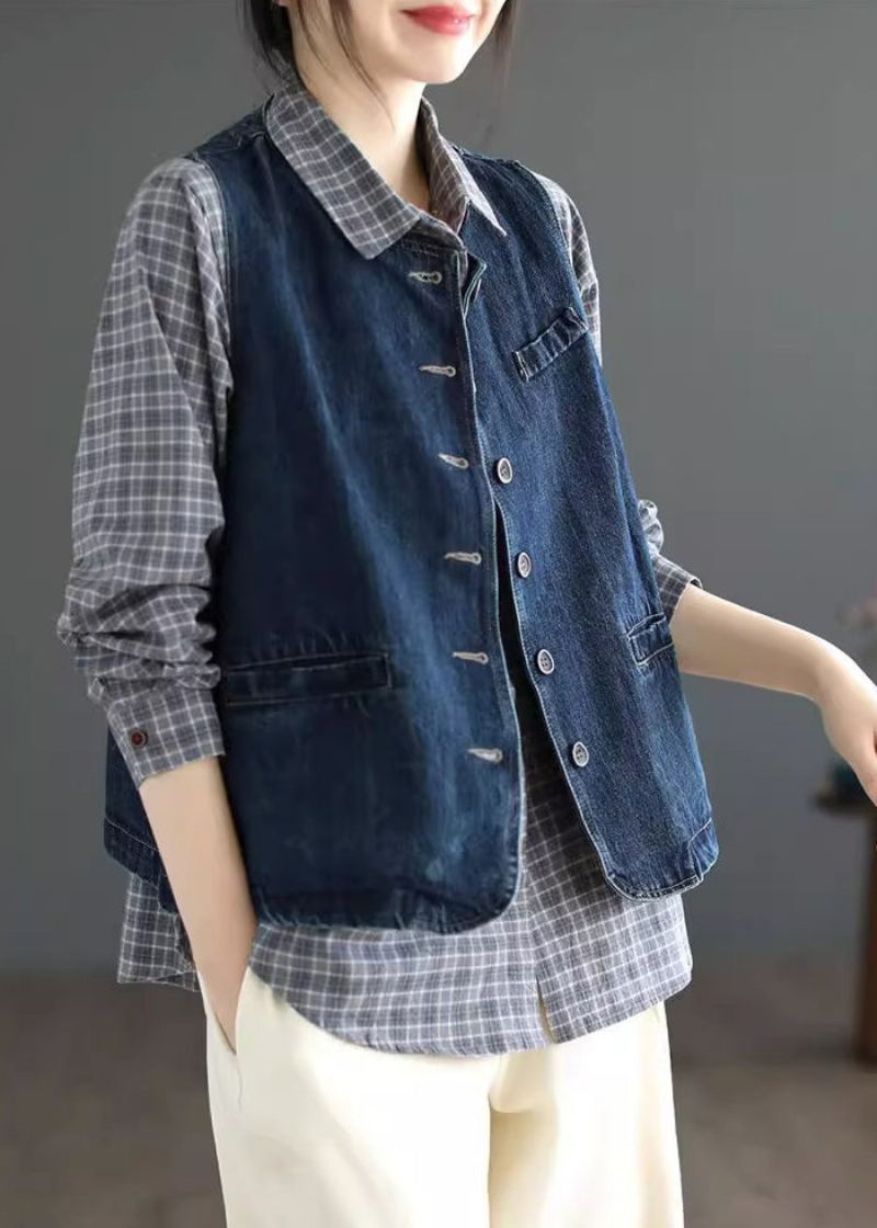 Vintage Bleu Foncé Col Rond Poches Denim Gilet Sans Manches - Bleu Foncé