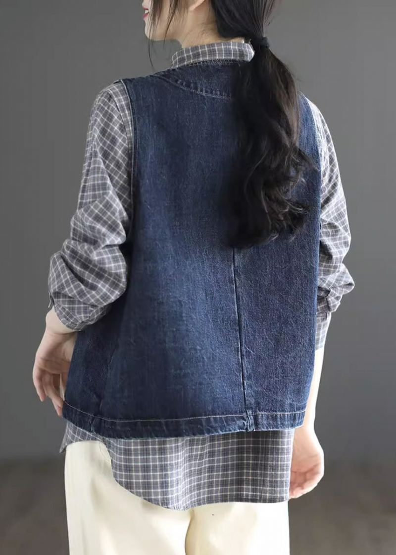 Vintage Bleu Foncé Col Rond Poches Denim Gilet Sans Manches - Bleu Foncé