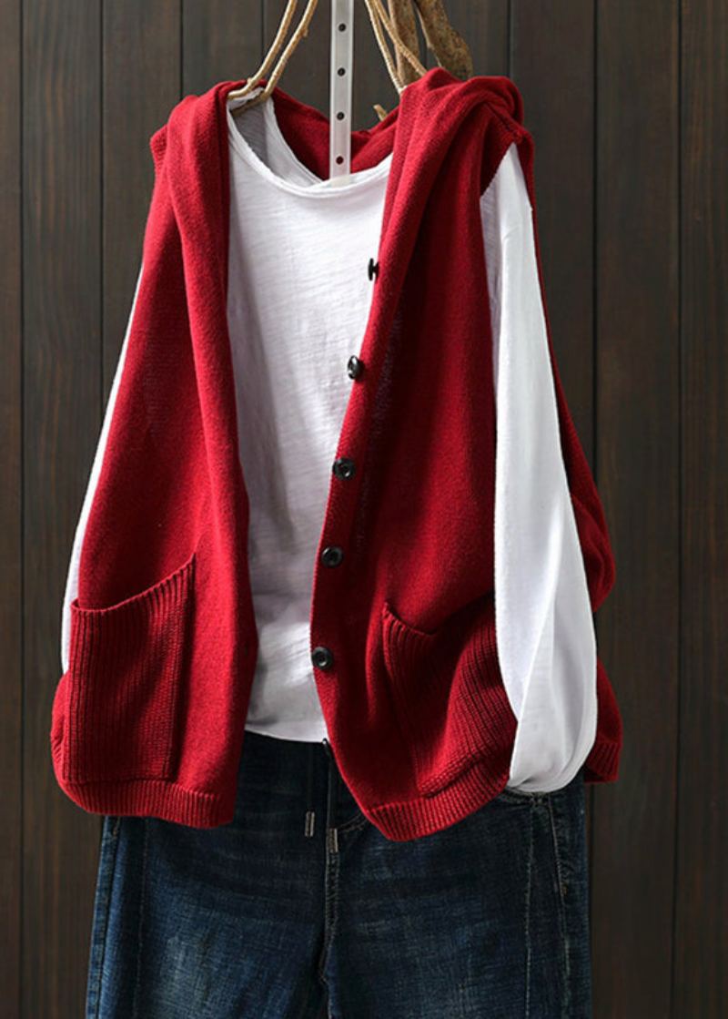 Vintage Bouton Rouge Tricoté Fil De Coton Sweat À Capuche Gilet Automne