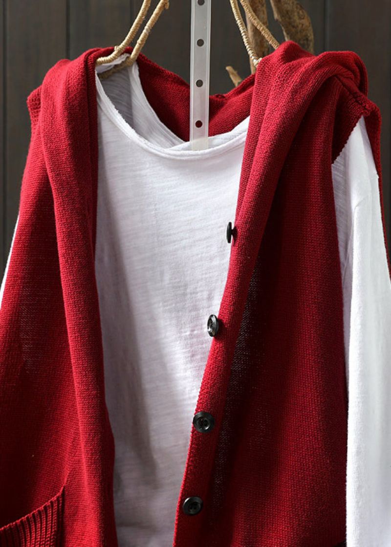 Vintage Bouton Rouge Tricoté Fil De Coton Sweat À Capuche Gilet Automne - Rouge