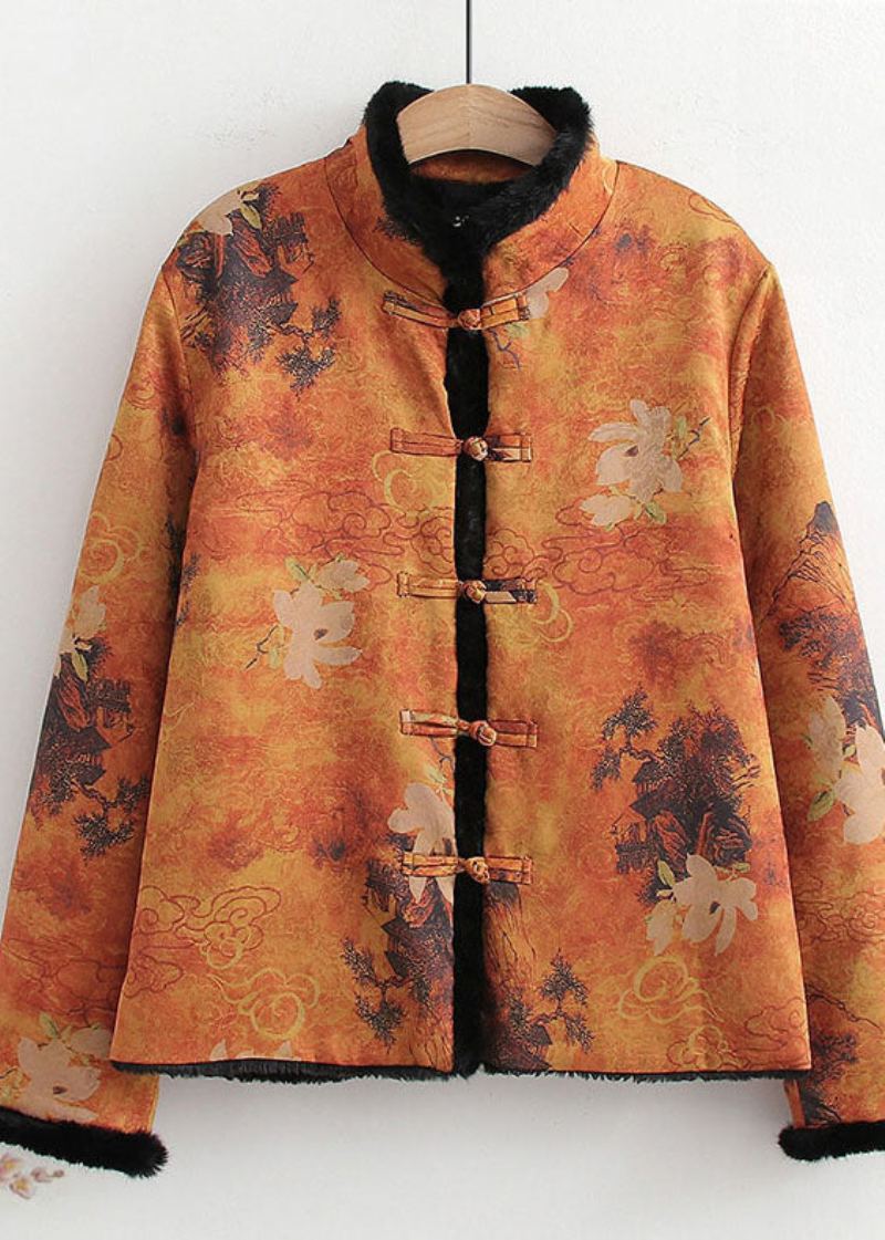 Vintage Jaune Chinois Bouton Patchwork Soie Imprimé Chaud Polaire Manteaux Printemps