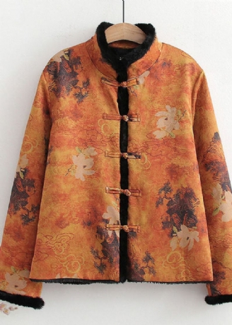 Vintage Jaune Chinois Bouton Patchwork Soie Imprimé Chaud Polaire Manteaux Printemps