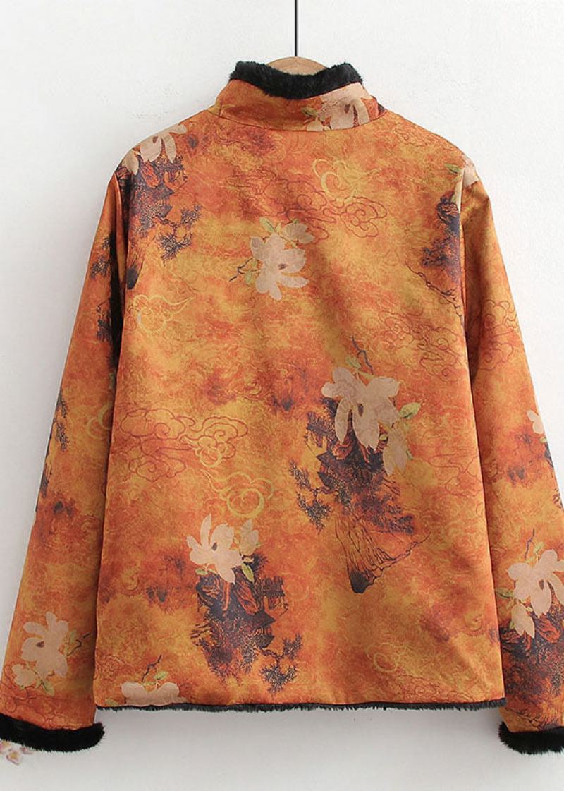 Vintage Jaune Chinois Bouton Patchwork Soie Imprimé Chaud Polaire Manteaux Printemps - Manteaux d'hiver femmes