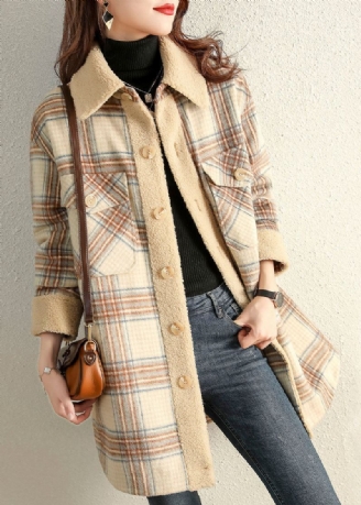 Vintage Kaki Peterpan Collar Plaid Manteau Polaire D’hiver