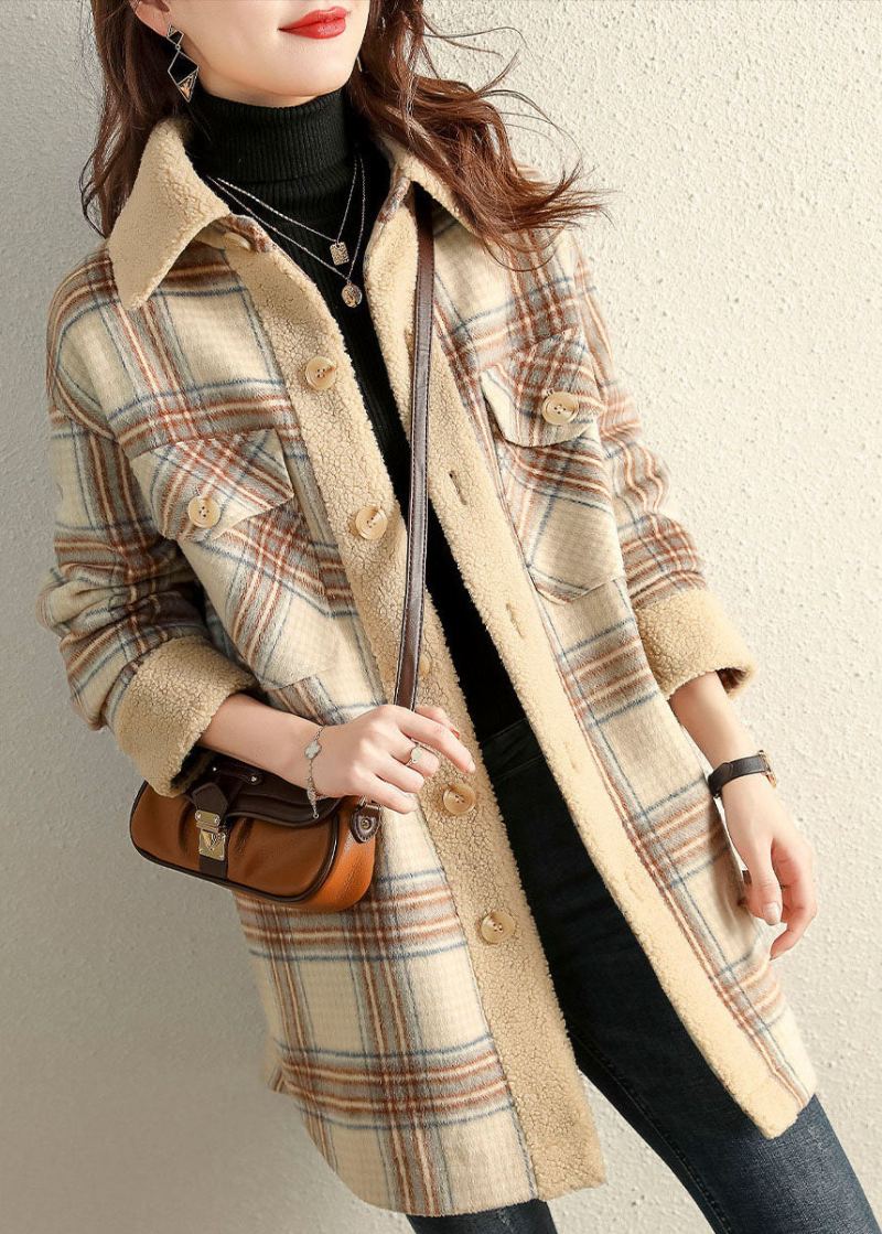 Vintage Kaki Peterpan Collar Plaid Manteau Polaire D’hiver - Manteaux d'hiver femmes