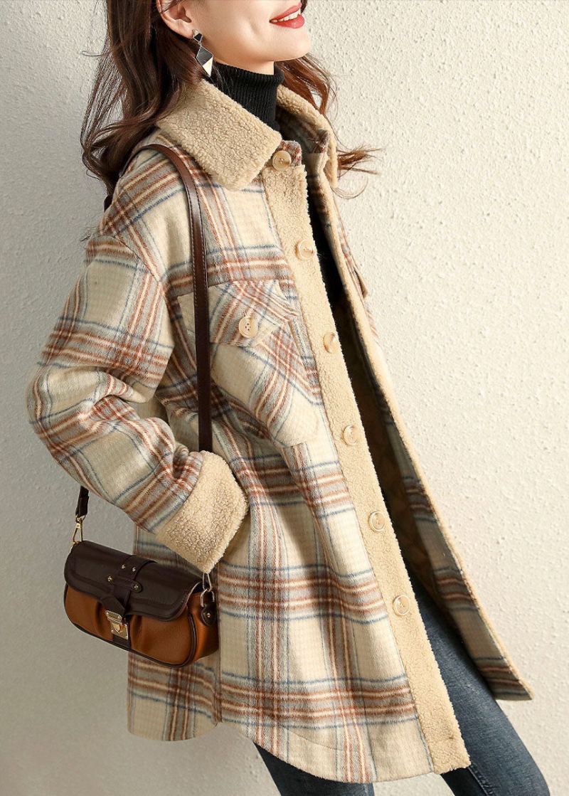 Vintage Kaki Peterpan Collar Plaid Manteau Polaire D’hiver - Manteaux d'hiver femmes