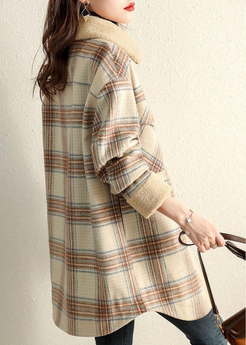 Vintage Kaki Peterpan Collar Plaid Manteau Polaire D’hiver - Manteaux d'hiver femmes