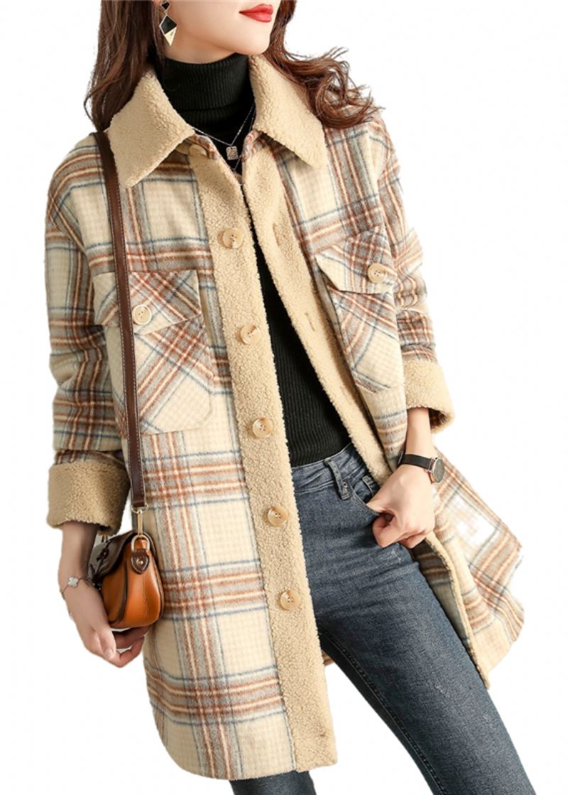 Vintage Kaki Peterpan Collar Plaid Manteau Polaire D’hiver - Manteaux d'hiver femmes