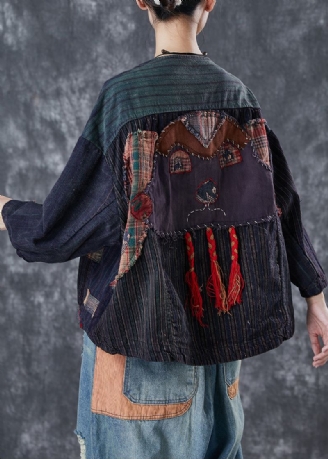 Vintage Noir Surdimensionné Patchwork Applique Coton Manteau Vêtements D'extérieur Printemps