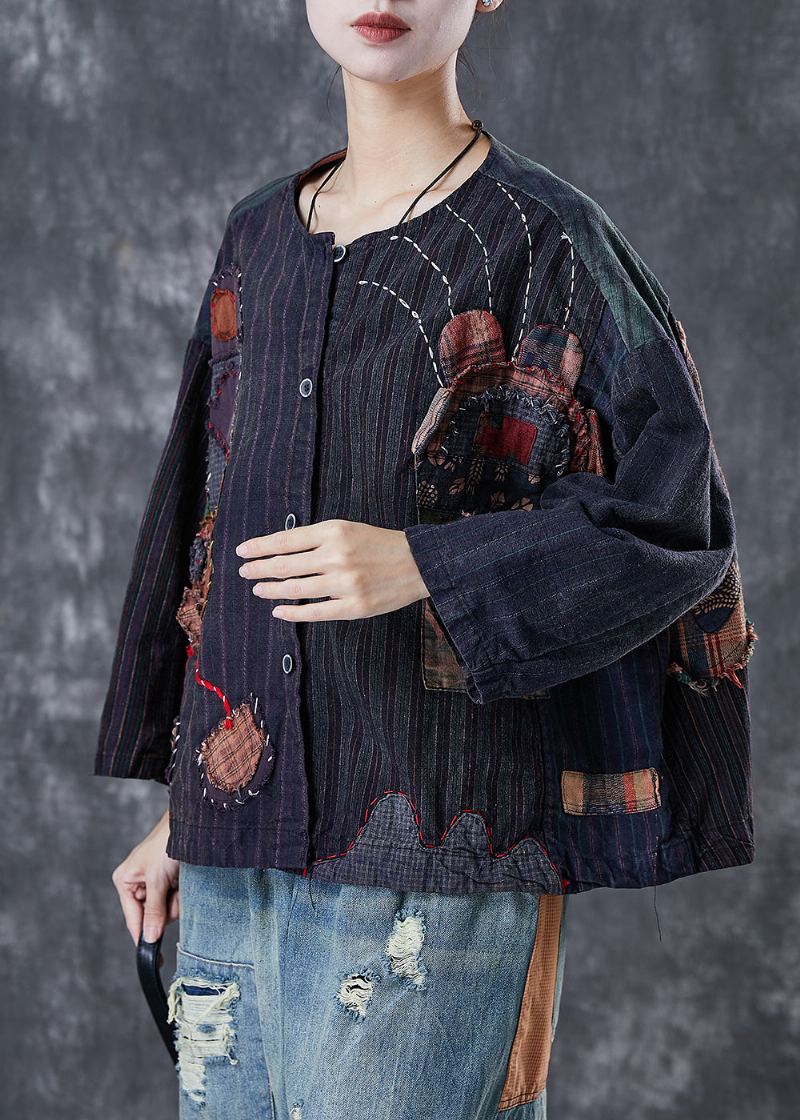 Vintage Noir Surdimensionné Patchwork Applique Coton Manteau Vêtements D'extérieur Printemps - Manteaux d'hiver femmes