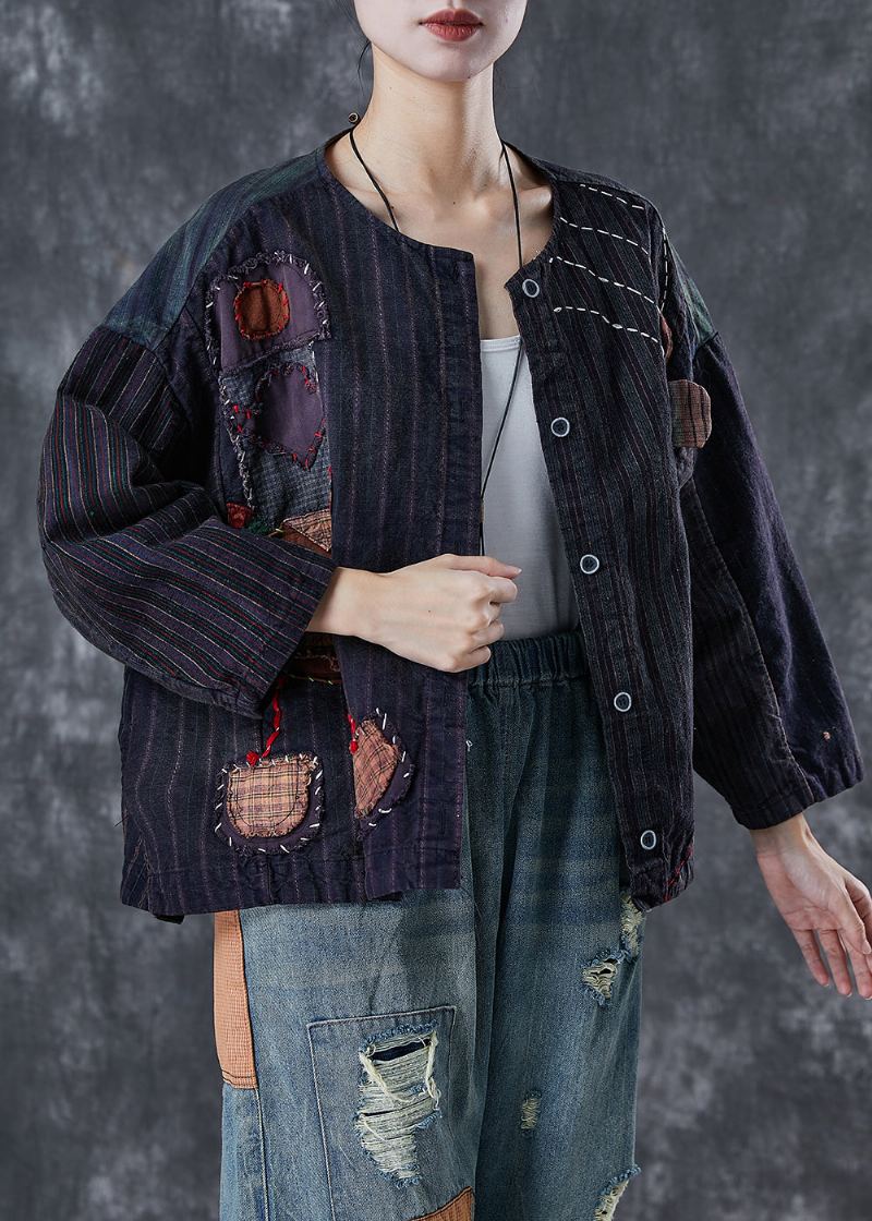 Vintage Noir Surdimensionné Patchwork Applique Coton Manteau Vêtements D'extérieur Printemps - Manteaux d'hiver femmes