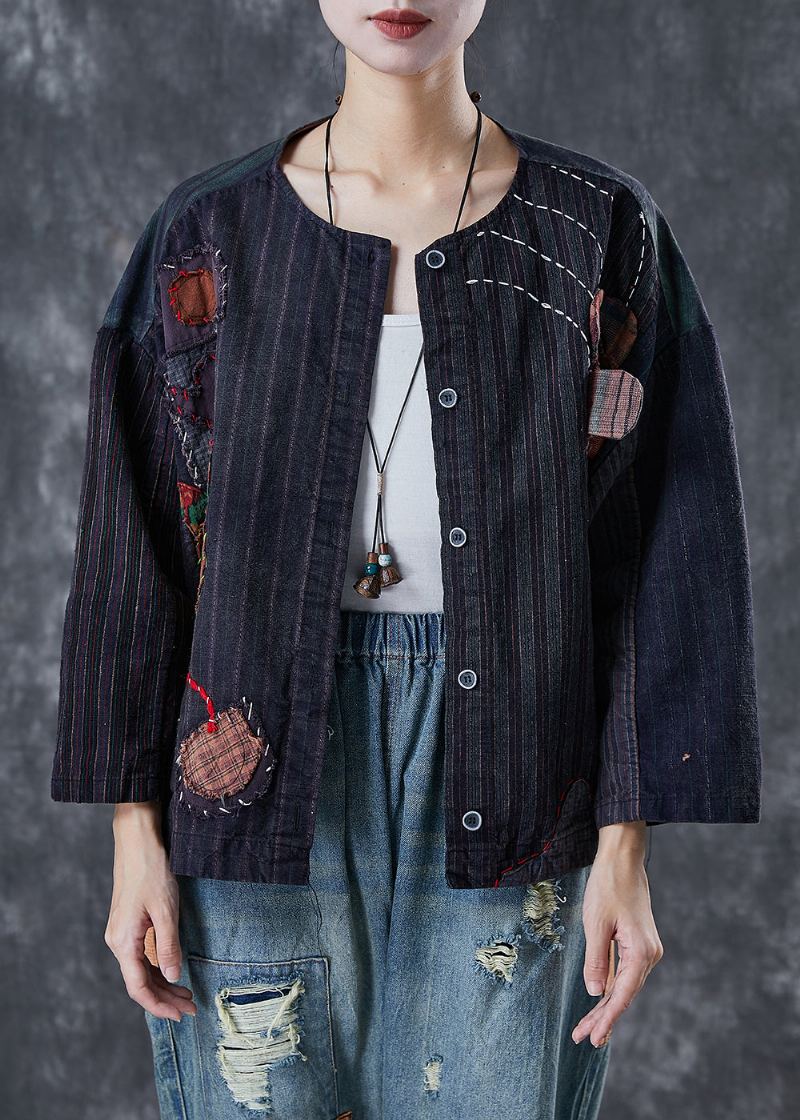 Vintage Noir Surdimensionné Patchwork Applique Coton Manteau Vêtements D'extérieur Printemps - Manteaux d'hiver femmes