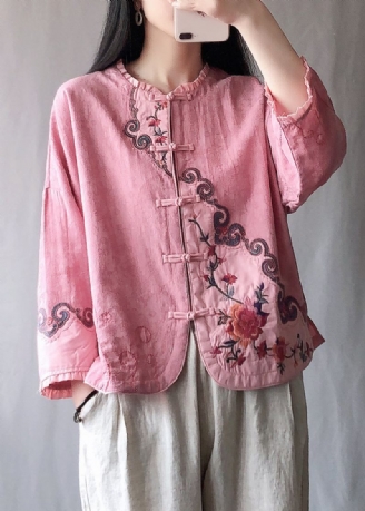 Vintage Rose À Volants Brodé Bouton Chinois Coton Manteau Court Printemps