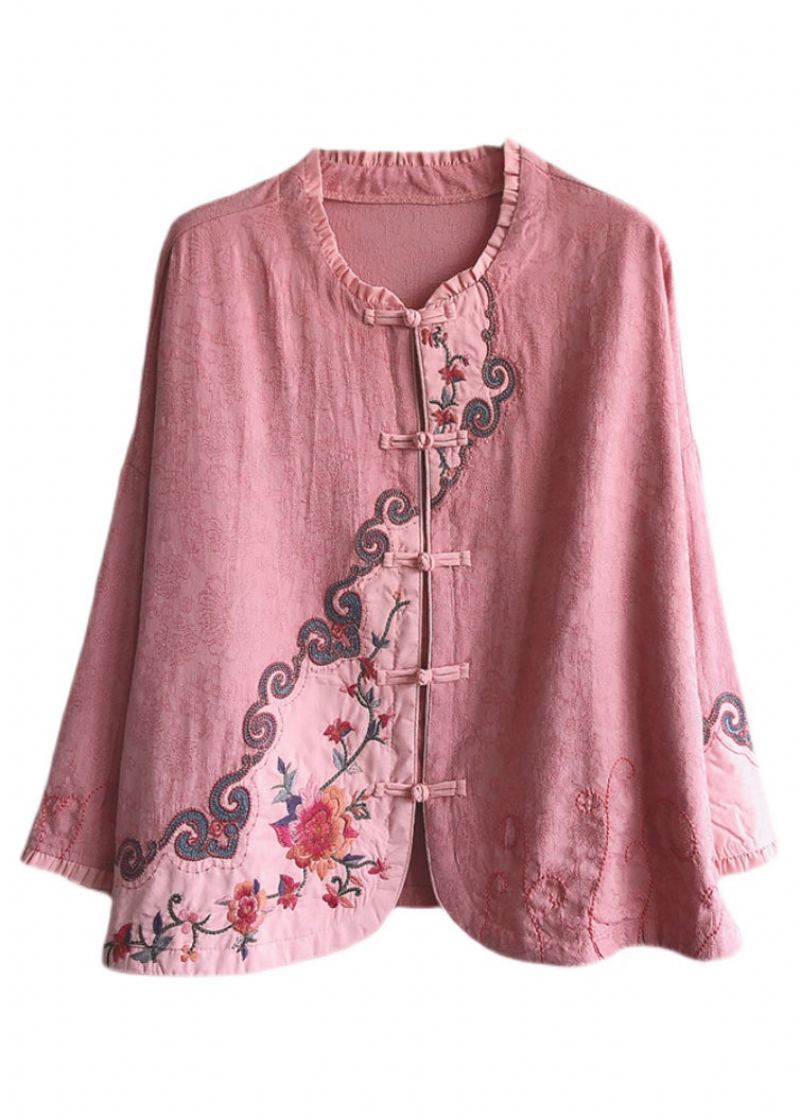 Vintage Rose À Volants Brodé Bouton Chinois Coton Manteau Court Printemps - Manteaux d'hiver femmes