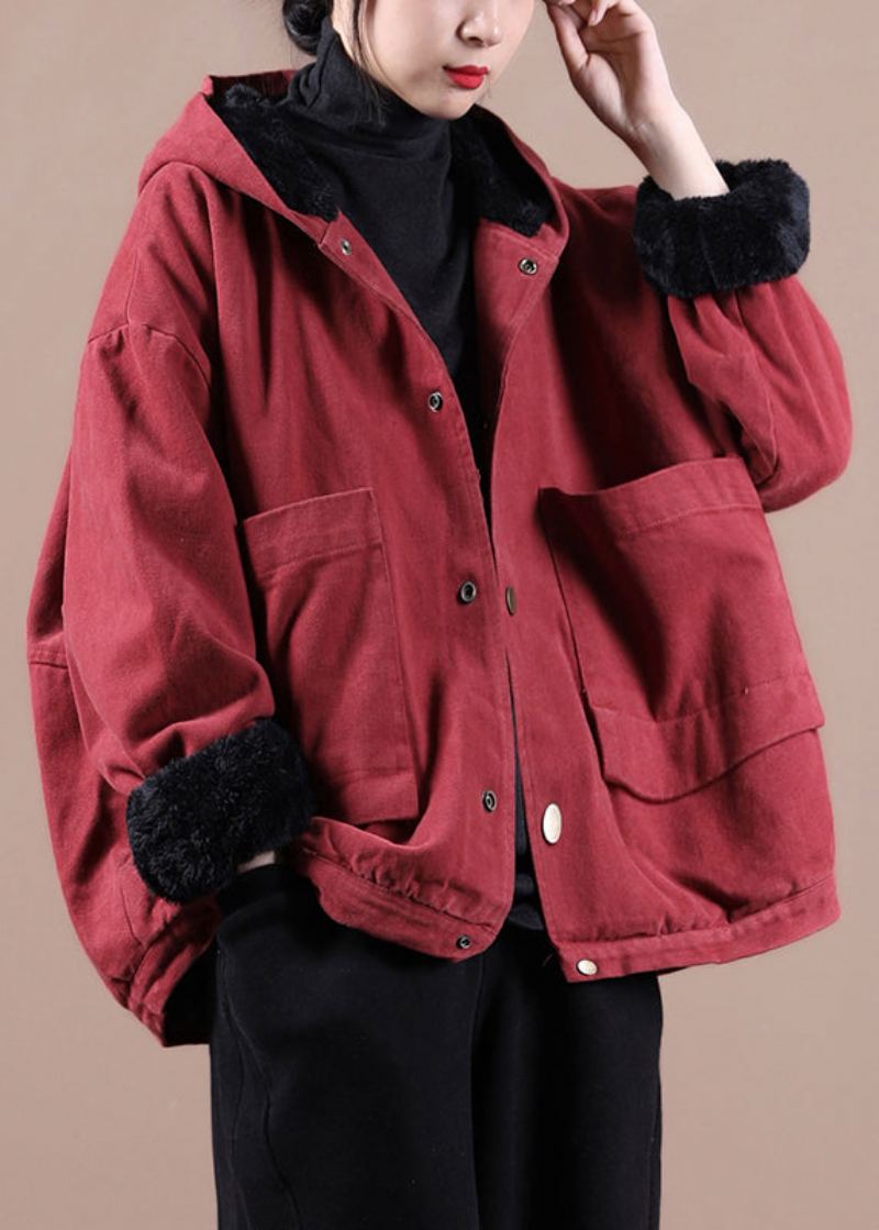 Vintage Rouge Chaud Polaire Bouton Bas Haut Design Manteau À Capuche Hiver