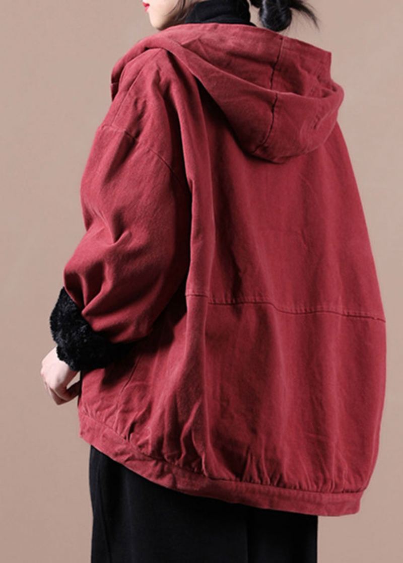 Vintage Rouge Chaud Polaire Bouton Bas Haut Design Manteau À Capuche Hiver - Rouge