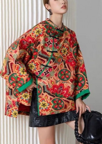 Vintage Rouge Oriental Bouton Patchwork Imprimé Coton Fin Rempli Veste Hiver