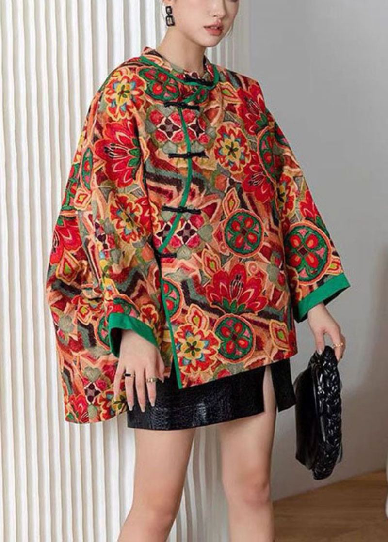 Vintage Rouge Oriental Bouton Patchwork Imprimé Coton Fin Rempli Veste Hiver - Manteaux d'hiver femmes