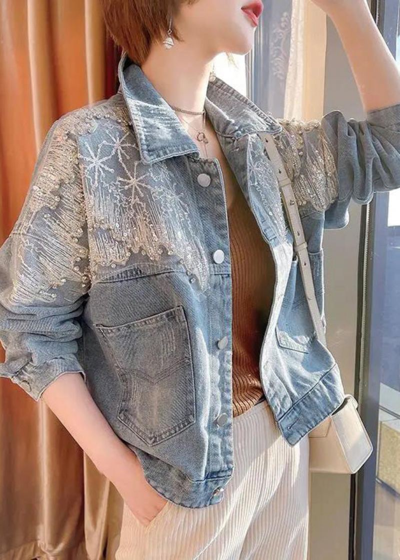 Vogue Bleu Col Claudine Tulle Patchwork Paillettes Bouton Denim Manteaux Automne