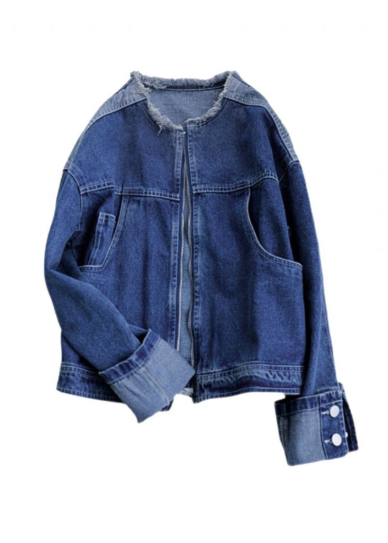 Vogue Bleu Col Rond Patchwork Zippé Coton À Capuche Denim Manteau À Manches Longues - Manteaux d'hiver femmes