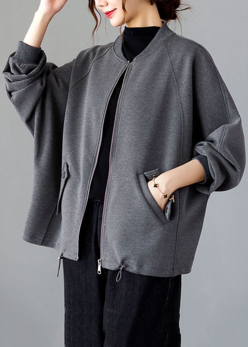 Vogue Gris Col Rond Patchwork Cordon Manteau À Manches Longues