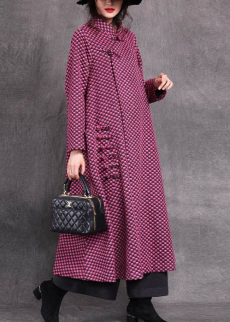 Vogue Rose Col Montant Asymétrique Plaid Bouton Laine Maxi Manteaux Printemps